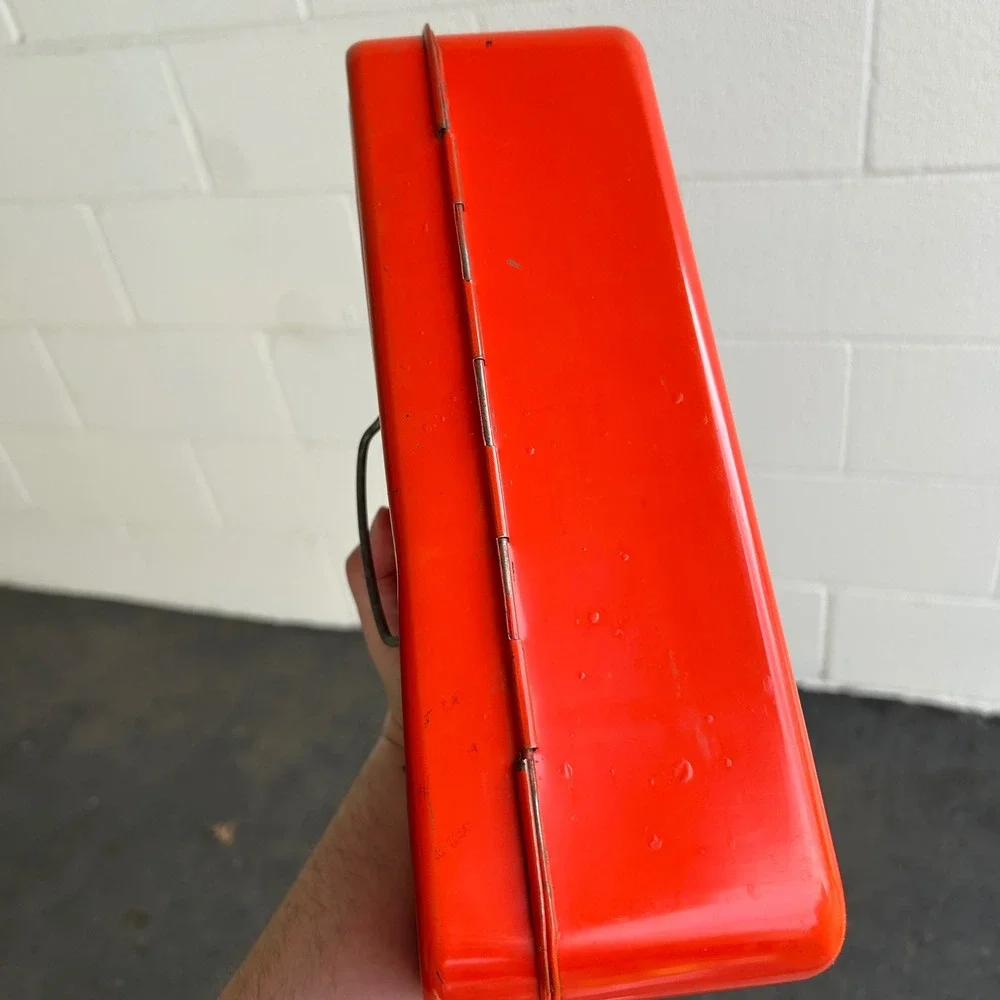 Vintage Bright Orange Union Steel Utility Box Tool Box Metal Tackle Box